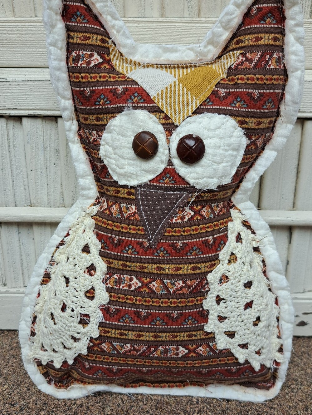 Handmade  Owl Pillow - Rust Brown & Cream (F)